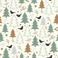 Christmas Tree Pattern Vector. Seamless Christmas Tree Pattern with bird and twig. Winter nature seamless pattern Background.
