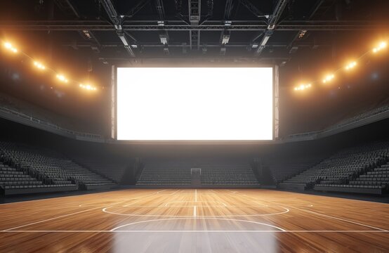 Indoor sports arena render has a big blank billboard screen for announcements. Empty basketball stadium court ads space background. Arena design mock up. Match event concept visualization.