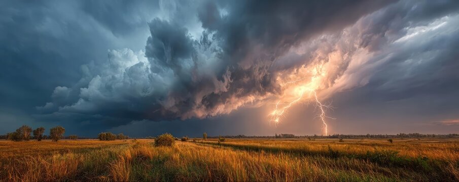 Dark cloudy sky with storm brewing in distance concept. Dramatic lightning strikes illuminate a stormy sky over fields.