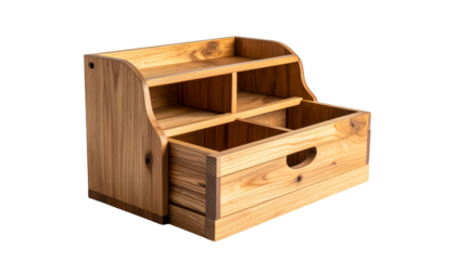 Wooden desktop organizer with shelves and an open drawer