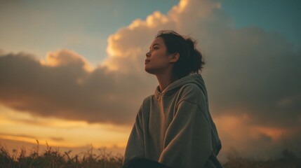 Fototapeta premium A woman is sitting in a field with a hoodie on and looking up at the sky. The sky is cloudy and the sun is setting, creating a moody atmosphere