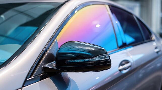 A car with a blue tinted window and a black mirror. The car is parked in a garage - Powered by Adobe