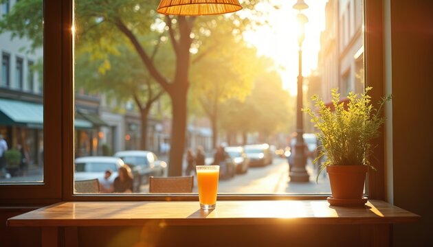 Orange juice on cafe table with warm sunlight. View through window shows street scene with trees and blurred cars. Peaceful urban morning ambiance.