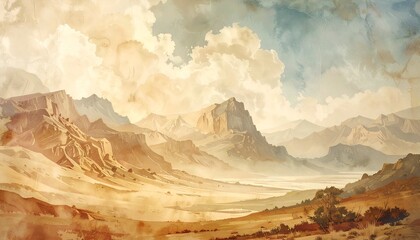Naklejka premium Serene desert landscape with majestic mountains and soft clouds, evoking tranquility and exploration
