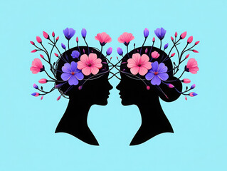 Two silhouetted heads facing each other with flowers and branches