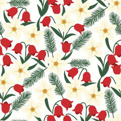 Christmas Botanical Pattern. Seamless Christmas Pattern with Flowers, Pine , and Bells. Holiday Seamless background.