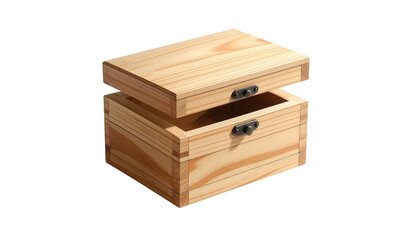 Open, wooden box with lid slightly ajar, simple clasp detail