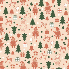 Christmas Santa Claus Pattern. Seamless Christmas Pattern with Santa, Trees, and Clean Presents. Holiday Background for Design.