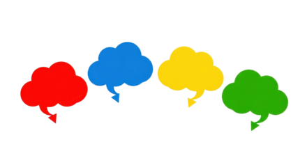 Four colorful cloud icons symbolizing data storage, technology, download process, and networking concept. isolated PNG with Transparent Background