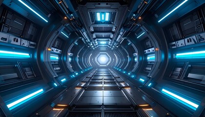 Futuristic tunnel with glowing blue lights leading to a bright exit, suggesting advanced technology