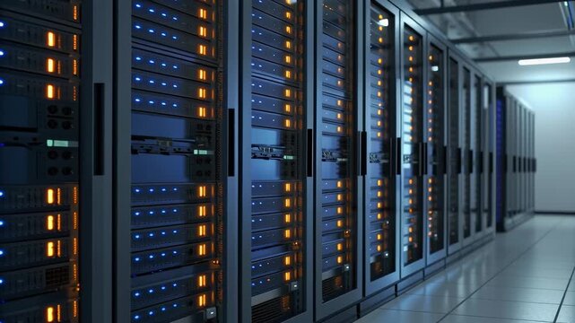 High-tech server room with illuminated data storage units for modern technology infrastructure