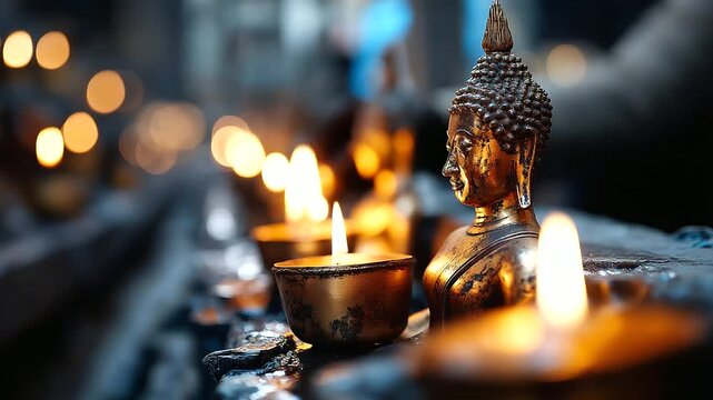 Buddhist background for poster use, under gentle natural light, highlighting serene temple elements and spiritual calm, serene cultural scene, calm meditative lighting, with copy s