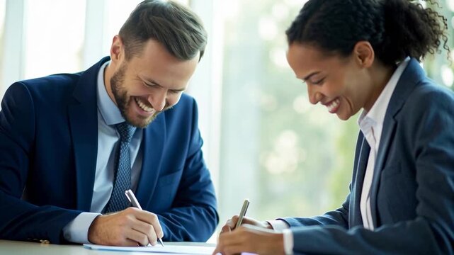 Business professionals collaborating in an office environment, focused on paperwork and strategy