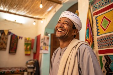 Fototapeta premium Joyful Smile of a Man in Traditional Attire at a Vibrant Cultural Market