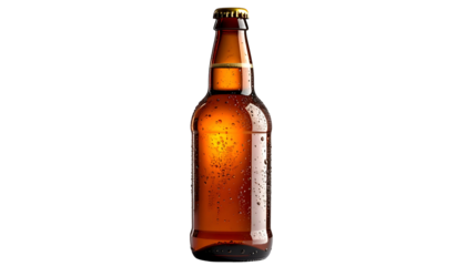 A single amber bottle of beverage, condensation visible, set against a stark black background