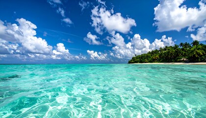 Crystal-clear turquoise waters gently lap against a sandy beach under a bright blue sky with fluffy clouds