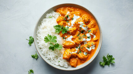 Chicken Tikka Masala with Rice on White Background, Butter Chicken Rice 