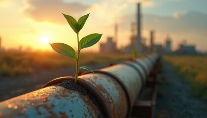 Young green plant grows from rusty industrial pipeline at golden sunset. Factory buildings in background. Image shows clean energy transition, carbon capture tech, eco friendly industrial solution,