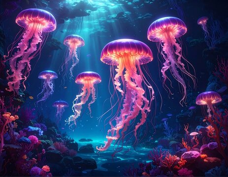 Luminescent jellyfish drift through sunlit waters near coral reefs