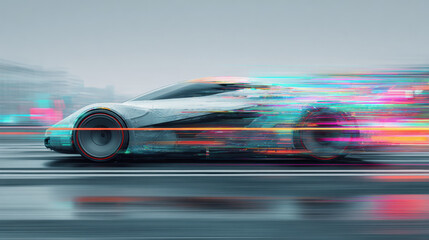 Futuristic car speeding with motion blur and digital glitch effects creating chromatic aberration streaks, dynamic automotive technology concept with vibrant cyan and magenta light trails
