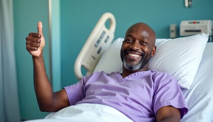 Smiling African american man rests in hospital bed wearing purple gown, gives thumbs up sign. Bald man with gray beard shows positivity after treatment. Recovery concept.
