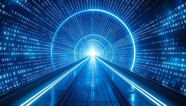 Futuristic digital tunnel with glowing binary code, leading towards a bright light, symbolizing technology