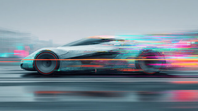 Futuristic car speeding with motion blur and digital glitch effects creating chromatic aberration streaks, dynamic automotive technology concept with vibrant cyan and magenta light trails
