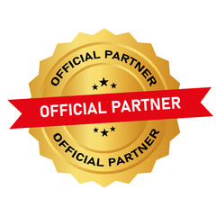 Vector art of golden seal badge with red ribbon proclaiming official partner status, , signifying a business relationship or endorsement