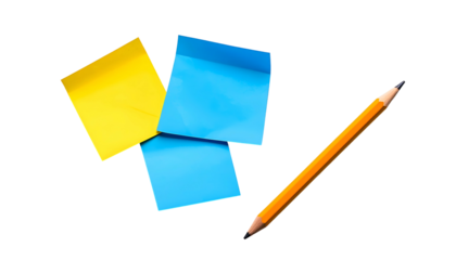 Two sticky notes, yellow and blue, with a yellow pencil on a solid black background