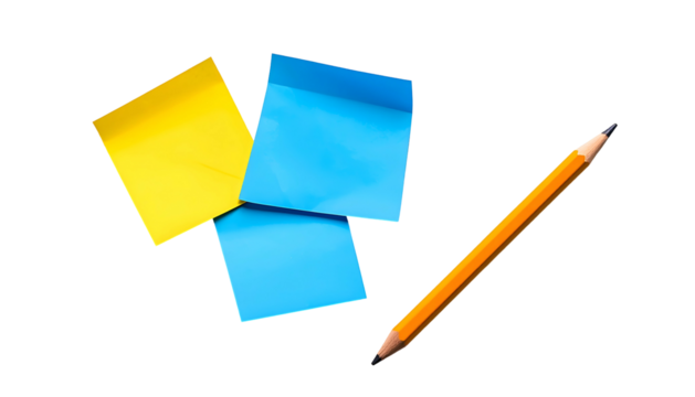 Two sticky notes, yellow and blue, with a yellow pencil on a solid black background