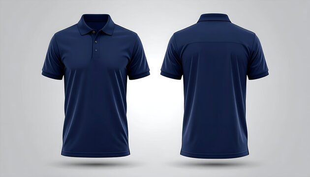 Front and back view of a navy blue polo shirt on a neutral background, showcasing its design and fit