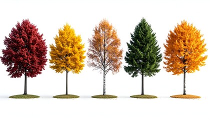 Naklejka premium A vibrant display of five distinct trees showcasing seasonal colors against a white background