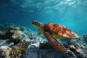 Obraz premium Peaceful Sea Turtle Swimming Shallow Reef