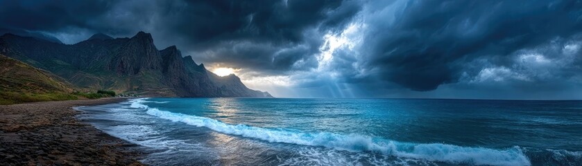 Naklejka premium Dark cloudy sky with storm brewing in distance concept. Dramatic seascape with stormy skies and rolling waves.