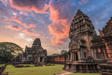 Sunset View of Ancient Temple Ruins in a Serene Landscape