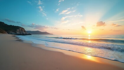 Golden sun sets over calm ocean beach with soft light. Gentle waves roll onto vast sand shore. Coastal mountains, green hills meet blue sea. Sky soft clouds. Tropical nature scene peaceful, great for