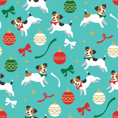 Christmas Dog Pattern Vector. Seamless Christmas Dog Pattern with Ornaments and Ribbons. Joyful Celebration seamless pattern Background.