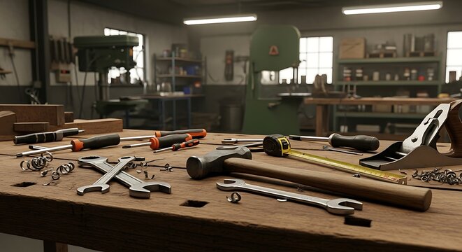 Assorted hand tools like hammers and wrenches on a wooden workbench in a workshop. - Powered by Adobe