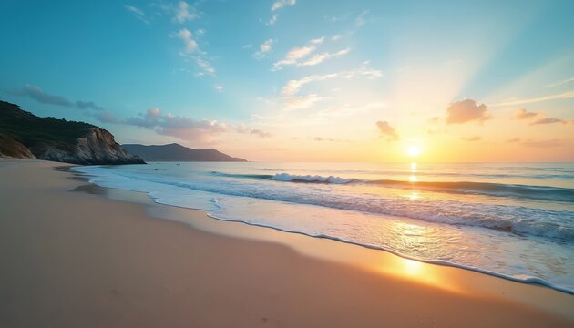 Golden sun sets over calm ocean beach with soft light. Gentle waves roll onto vast sand shore. Coastal mountains, green hills meet blue sea. Sky soft clouds. Tropical nature scene peaceful, great for