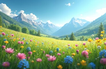 Obraz premium Colorful wildflowers bloom in green meadow. Majestic mountains stand in background under clear blue sky. Scenic landscape features vibrant colors. Nature photo perfect for travel advertising,