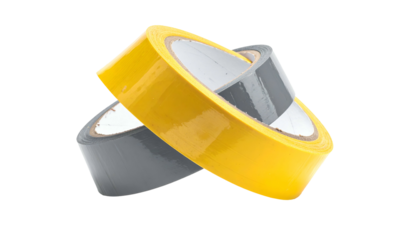Two overlapping rolls of colored adhesive tape, a vibrant yellow and a muted gray, against black