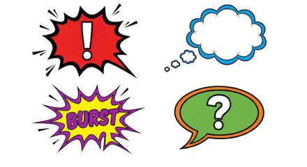 Comic sound effect explosion speech and thought bubbles set with BURST text isolated PNG with Transparent Background