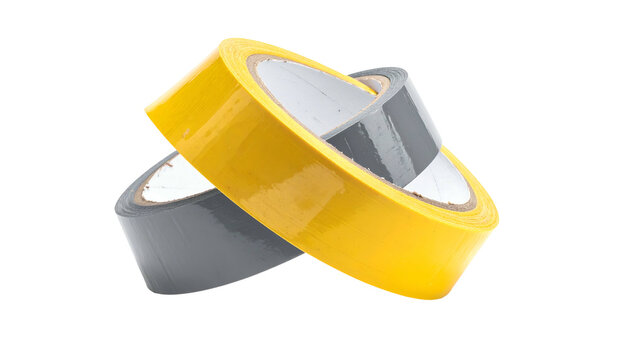 Two overlapping rolls of colored adhesive tape, a vibrant yellow and a muted gray, against black - Powered by Adobe