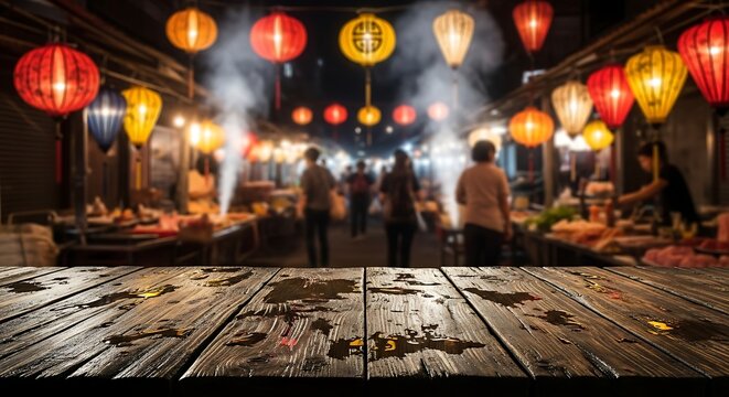 Empty rustic wooden table with a blurred background of a bustling Asian night market with colorful lanterns.