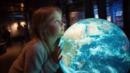 A young girl is looking at a globe in a museum. She is holding the globe in her hands and she is fascinated by it