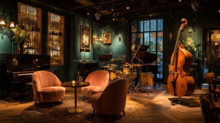 A room with a piano, a cello, and a piano. The room is decorated with a blue color theme