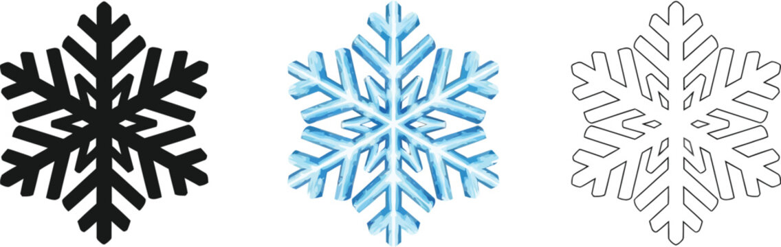 Three snowflake icons in black, blue, and outline styles for christmas and seasonal design