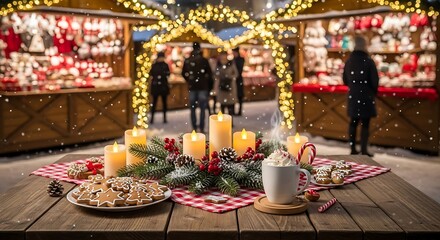 A cozy wooden table with a Christmas centerpiece, hot chocolate, and pie at a festive holiday market at night.