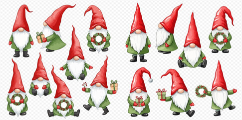 A collection of watercolor Christmas gnomes wearing red hats and green outfits, some holding festive items like gifts and wreaths.