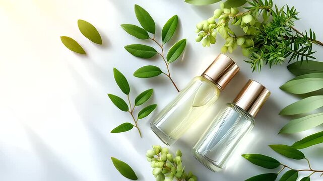 Korean skincare flatlay, cosmetic bottles on minimal white background with leaves, under soft natural light, highlighting clean design and fresh elements, serene beauty scene, calm